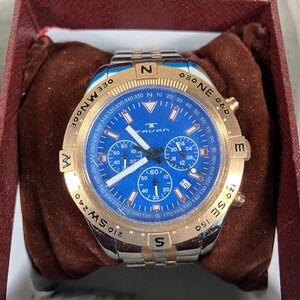 Tavan Between Wind & Water Mens Chronograph Watch 2T Silver/Rose Gold/Blue